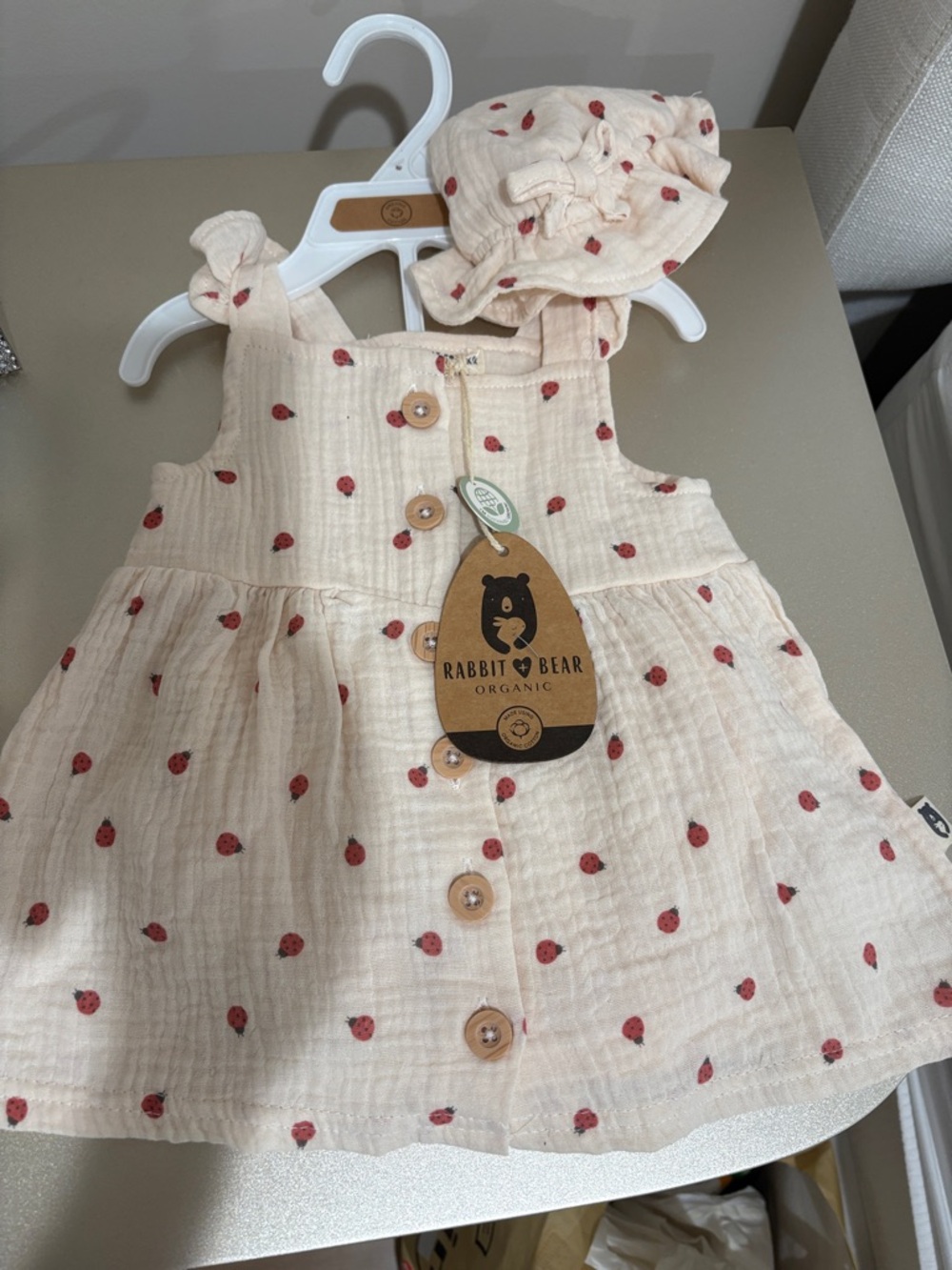 Rabbit & Bear Organic cotton Cream 3 pc Baby Dress with diaper cover and hat .